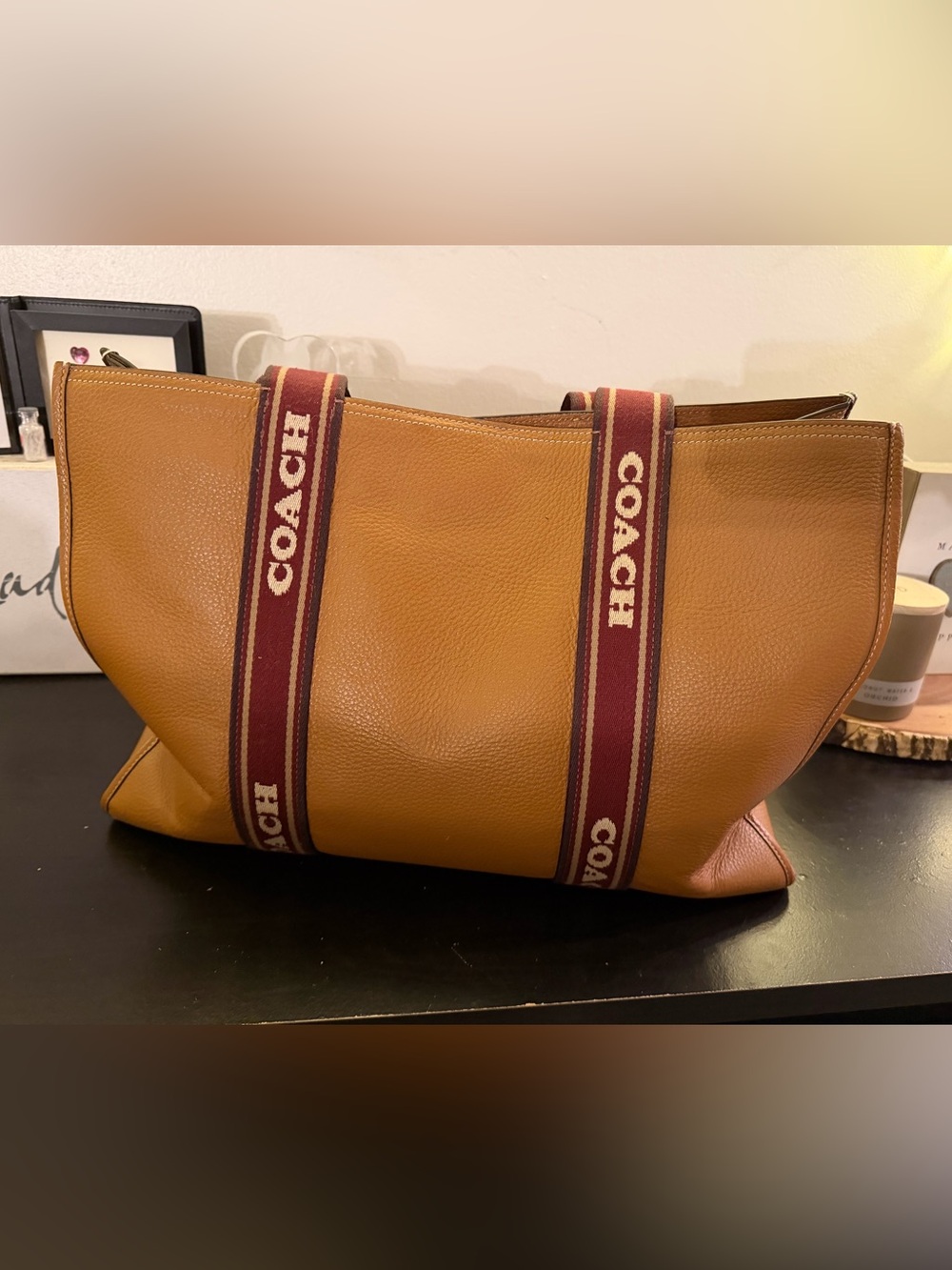 Coach Pebbled Leather Tote in Tan with Burgundy Branded Straps - Picture 2 of 6